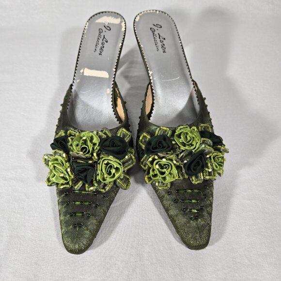 Vintage Y2K Hipster Fairy Hunter Green Floral Beaded Pointed Toe Mules Size 11M. - Picture 12 of 17